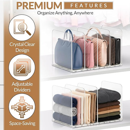 Adjustable Bag & Purse Organizer for Closet | Clear Shelf Dividers for Closet Organization, Vertical Handbag Separator for Sweater, Shirts & Clutches, Perfect for Bedroom, Living Room, Home