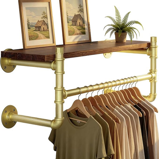 WEBI Wall Mounted Clothes Rack with Shelf,27" Industrial Pipe Clothing Rack with Shelf with Hanging Rod,Heavy Duty Iron Garment Rack Bar,Retail Display Clothes Rod for Laundry Room,Closet,Gold