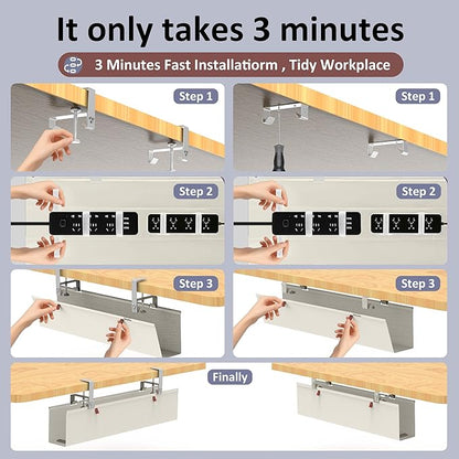 36" Under Desk Cable Management Tray for Home Office, No Drill Cord Organizer for Glass & Wood Table, Anti-Sag Oxford Fabric Wire Management Hider, Fits Surge Protector (Beige, 35.8")