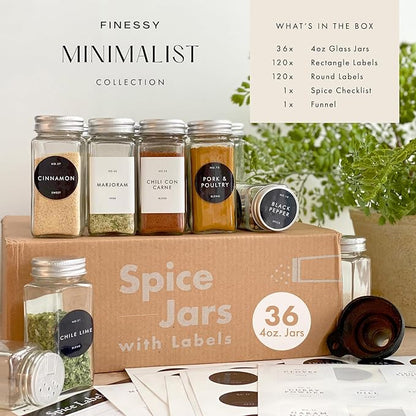 Glass Spice Jars with Labels with Metal Lids and Shakers Minimalist 36 Pack Set, 4oz Small Clear Empty Spice Bottles Seasoning Containers with Label Organizer Square Herb Seasoning Jars for Kitchen
