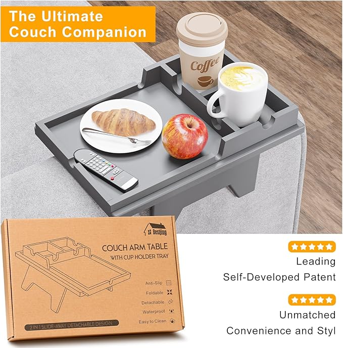 Bamboo Couch Cup Holder Tray - 2 in 1 Couch Armrest Table with Be Slide-Away Detachable Double Holder - Sofa Armchair Caddy for Drinking Snacks iPad TV Remote (Gray)