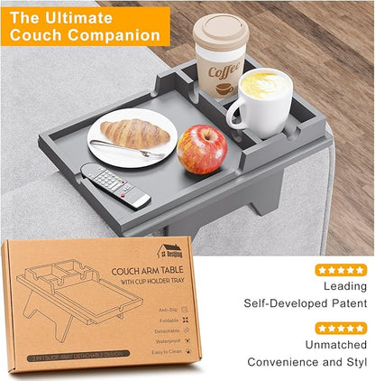 Bamboo Couch Cup Holder Tray - 2 in 1 Couch Armrest Table with Be Slide-Away Detachable Double Holder - Sofa Armchair Caddy for Drinking Snacks iPad TV Remote (Gray)