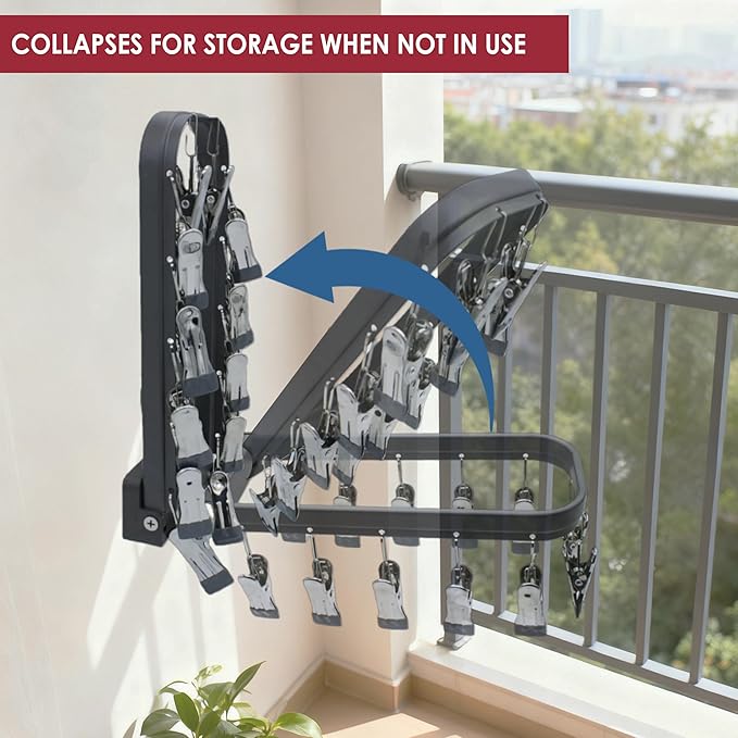 Foldable Laundry Drying Rack with 15 Clips, Wall Mount Suction Cup Hanger for Socks Undergarments Towels, Space Saving Clothes Organizer, Dark Grey
