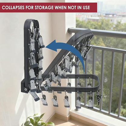 Foldable Laundry Drying Rack with 15 Clips, Wall Mount Suction Cup Hanger for Socks Undergarments Towels, Space Saving Clothes Organizer, Dark Grey