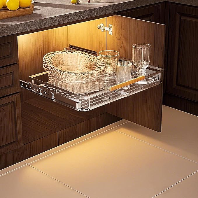 taiheis 1 Pack Expandable Pull Out Cabinet Organizer，Side Mounting 16.3~26.3"x17.3"Cabinet Pull Out Shelves, Expandable Slide Out Spice Rack for Kitchen Bathroom Office