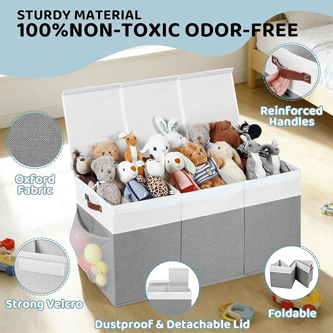 Extra Large Toy Chest, Foldable Storage Box, Large Storage Bins With Lids, Suitable for living rooms, studies, bedrooms(40"X18"X14",White & Grey)
