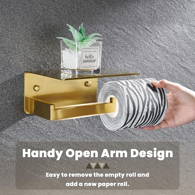 Toilet Paper Holder with Shelf, Suyar 304 Stainless Steel Wall Mount Toilet Paper Roll Holder with Phone Shelf, Brushed Gold