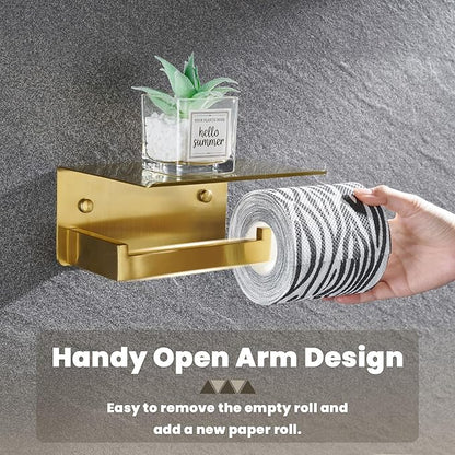 Toilet Paper Holder with Shelf, Suyar 304 Stainless Steel Wall Mount Toilet Paper Roll Holder with Phone Shelf, Brushed Gold