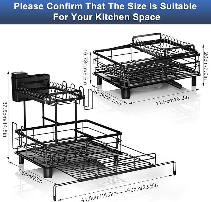YEYPOP 2 Tier Dish Drying Rack - Expandable Dish Rack Over Sink, 304 Stainless Steel Dish Rack for Kitchen Counter, Dish Drainer w Utensil Holder, Drainboard & Cups Holder, Anti-Rust & Space Saving