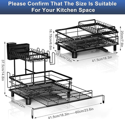 YEYPOP 2 Tier Dish Drying Rack - Expandable Dish Rack Over Sink, 304 Stainless Steel Dish Rack for Kitchen Counter, Dish Drainer w Utensil Holder, Drainboard & Cups Holder, Anti-Rust & Space Saving