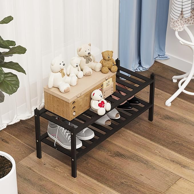 Shoe Rack, 2-Tier Bamboo Stackable Shelf Storage Organizer, Stand for Closet, Entryway and Hallway （Black）