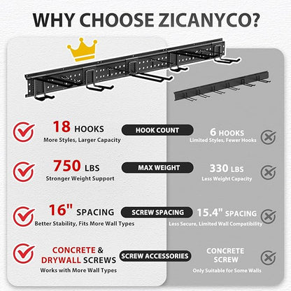 Garage Tool Organizer Wall Mount 96 inches with 18 Adjustable Heavy-Duty Hooks, Garage Organization, Garden Tool Storage Rack, Yard, and Shed, Holds Up to 750 lbs