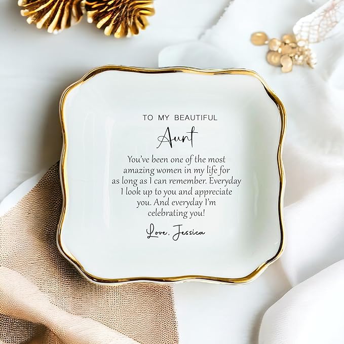HatafaFurni Personalized Ring Dish for Aunt - Jewelry Gifts for Christmas, Women, Birthday, Mother's Day - Custom Aunt Gift
