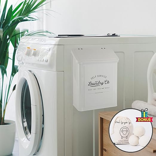 Magnetic Lint Bin for Laundry Room, Metal Trash Can with Lid for Dryer, Farmhouse Lint Holder, Laundry Co Sign, Laundry Room Storage Decor with Dryer Lint Brush (White-Dryer Ball Set)