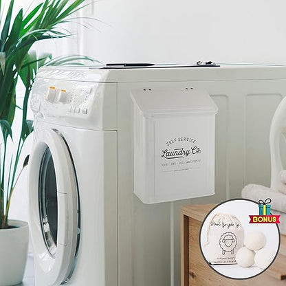 Magnetic Lint Bin for Laundry Room, Metal Trash Can with Lid for Dryer, Farmhouse Lint Holder, Laundry Co Sign, Laundry Room Storage Decor with Dryer Lint Brush (White-Dryer Ball Set)