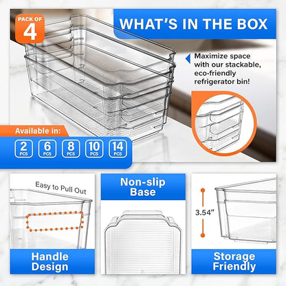 Lifemaster Multi-Purpose Refrigerator Bins - 4 Pieces Usable And Stackable Design Fridge Bin Organizer With Easy Grip Handles - Clear