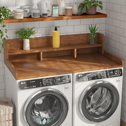 Washer Dryer Countertop, Laundry Wood Shelf Topper with Edge, 2-Tier Laundry Countertop, for Washer and Dryer Laundry Hamper Counter Storage Organization (Walnut)