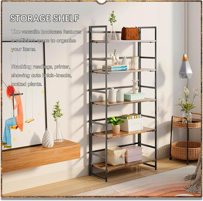 4NM No Assembly 5 Tiers Collapsible Book Shelves, 51.2" H Folding Bookshelf Bookcase Open Industrial Foldable Shelves for Bedroom, Living Room, Home Office - Rustic Brown Black