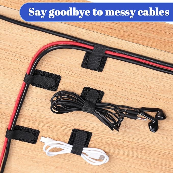 100 Pcs Hook and Loop Cable Ties, Self Adhesive Cable Management Under Desk Cable Straps, Adjustable Cord Organizer for Desk Home Office Organization (Black)