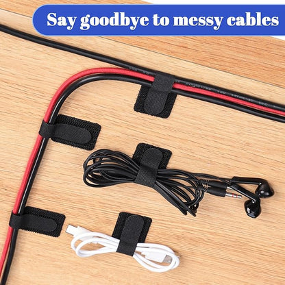100 Pcs Hook and Loop Cable Ties, Self Adhesive Cable Management Under Desk Cable Straps, Adjustable Cord Organizer for Desk Home Office Organization (Black)