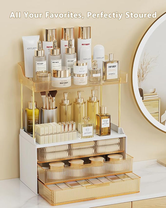 Anylady Bathroom Organizers and Storage, Makeup Organizer (Sturdy Durable Attractive), Ideal for Vanity, Countertop, Counter, Perfume, Skincare, Cabinet, Cosmetic, Dresser Organizer (Gold)