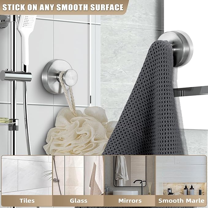 Fenas Suction Cup Hooks for Shower No-Drill Bathroom Hooks for Towels, Robes, Loofah Mountable on Bathroom Walls, Kitchen, Glass, Mirrors, Tile and Smooth,Non-Porous Surfaces (4, Brushed Nickel)