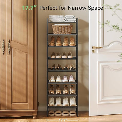 Narrow Shoe Rack, 8-Tier Metal Shoe Organizer,Tall Shoe Shelf with Anti-Tip Strap, Max Holds 18 Pairs,Space Saving for Closet,Entryway,Black