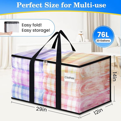 BlissTotes 8-Pack Large Moving Bags with Backpack Straps & Strong Zippers, Heavy-Duty Storage Bags Moving Boxes for Space Saving, Dorms, Transport, 76L-20 Gallons, Clear