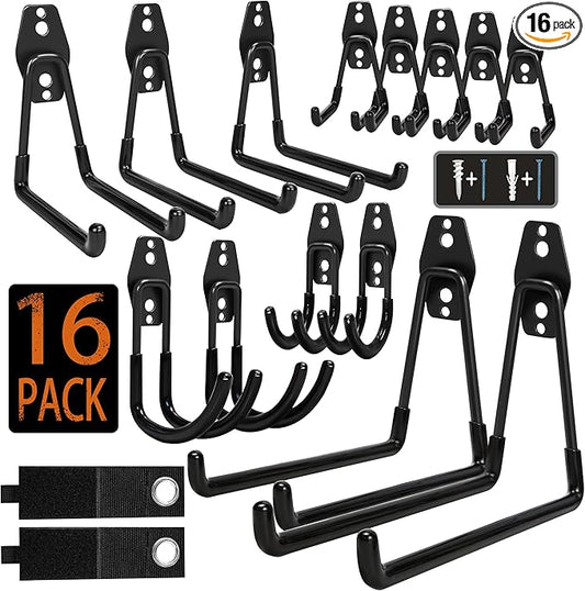 Steel Garage Storage Hooks - 16 Pack Anti-Slip Coating, Heavy Duty Wall Mount Hooks for Hanging Bike, Ladder, Garden Tools