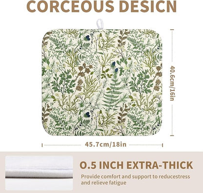 Sage Green Botanical Floral Dish Drying Mat for Kitchen Counter Vintage Herbs Fern Leaves Plant Drying Mats Absorbent Microfiber Dishes Drainer Mats Washable Dish Draining Pad Medium 16"x18"