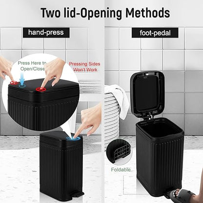 rejomiik Small Bathroom Trash Can with Lid Slim Soft Close Garbage Can Step Wastebasket Container Trash Bin for Office Bedroom Kitchen Living Room (1.9 Gallon Black)