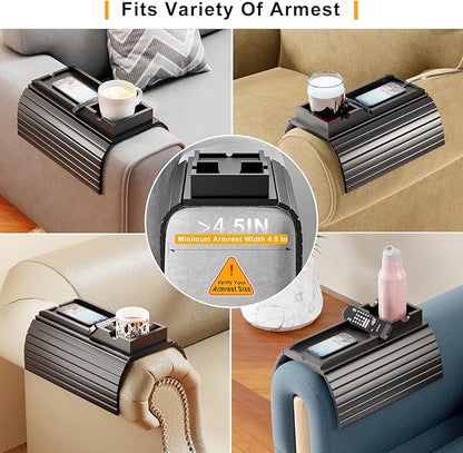 Bamboo Couch Armrest Table, Sofa Arm Tray with Detachable Couch Cup Holder- 2 in 1 Anti-Slip Foldable Sofa Armchair Caddy Table for Drinks Cellphone TV Remote Snacks (Black)