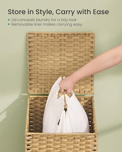 SONGMICS Laundry Hamper with Lid, PE Rattan Laundry Basket with Removable Liner, Storage Basket for Bedroom Living Room, 25 Gallons (95 L), Goose Yellow ULCB221YE01