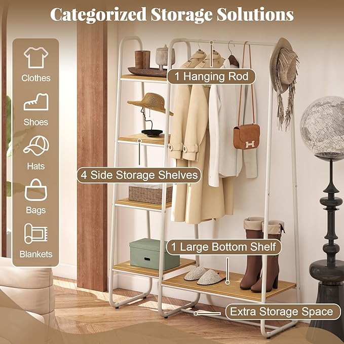 COSTWAY Clothes Rack with Shelves, Heavy Duty Garment Rack with Hanging Rod, 5-tier Shelves, Adjustable Foot Pads, Closet Organizer, Freestanding Wardrobe Clothing Racks for Hanging Clothes (White)
