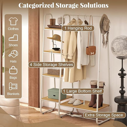 COSTWAY Clothes Rack with Shelves, Heavy Duty Garment Rack with Hanging Rod, 5-tier Shelves, Adjustable Foot Pads, Closet Organizer, Freestanding Wardrobe Clothing Racks for Hanging Clothes (White)