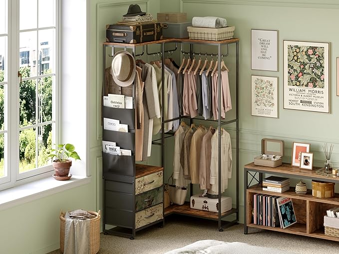 Garment Rack Heavy Duty Clothes Rack for Hanging Clothes, Freestanding Clothing Rack with 3 Fabric Drawers, Wood Stoarge Shelf, Adjustable Closet Racks, Corner L Shaped Closet System Organizers, Retro