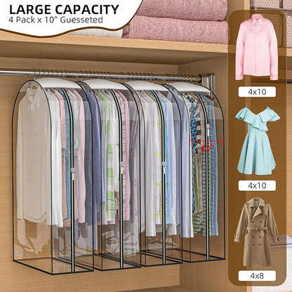 Upgraded Thickened Clear Garment Bags for Hanging Clothes 4 Packs, 10“ Gusseted Clothes Hanging Storage Bags for Closet, Shirts, Coats, Dresses (32 inch)