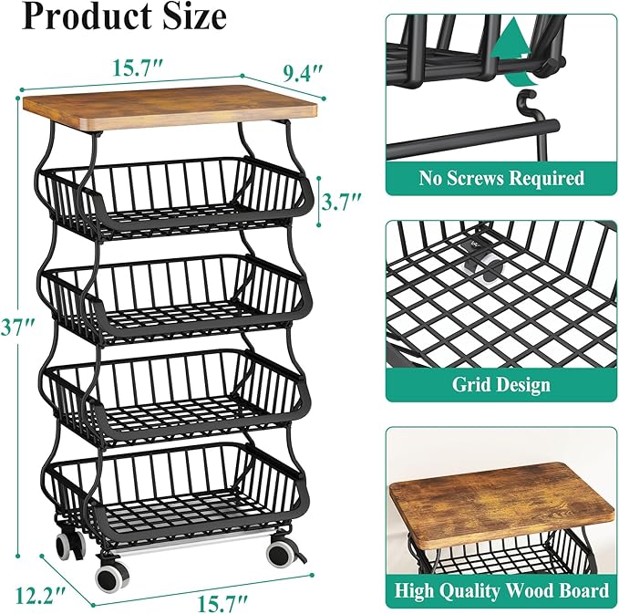 SAYZH Fruit Basket Kitchen Pantry Organizers and Storage - Wooden Top Table, Stackable Metal Wire Basket Stand Cart for Fruit Vegetable Snacks Onion Potato Organization, Black