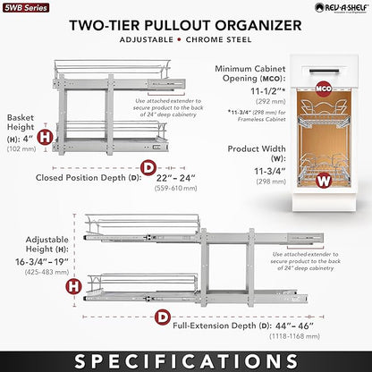 Rev-A-Shelf 2-Tier Kitchen Cabinet Pullout Shelf and Drawer Organizer Slide Out Pantry Storage Basket in Multiple Sizes, 12 x 22 In, 5WB2-1222CR-1