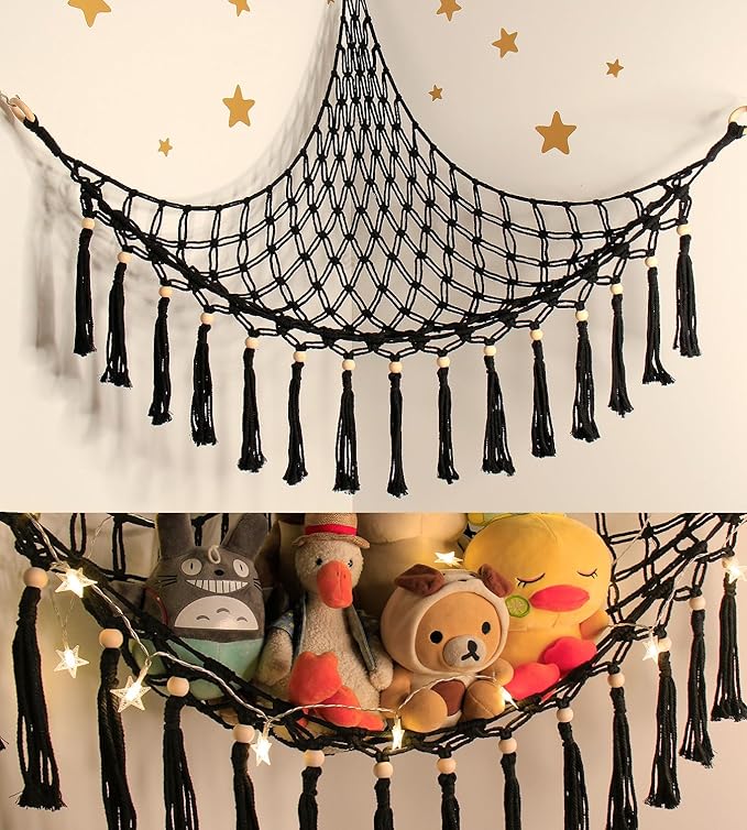 Stuffed Animal Hammock Corner Storage - Toy Hammock Net Organizer with LED Light - Tedddy Hammocks Plushie Net Holder - Black Wall Decor for Boy Living Room Bedroom