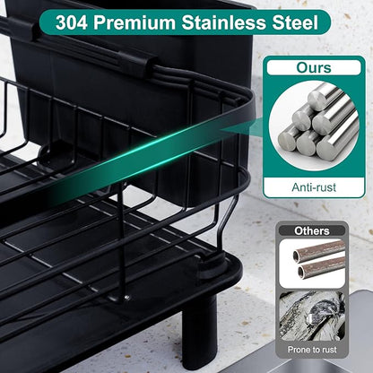 2-Tier Dish Drying Rack for Kitchen Counter,Space-Saving Dish Rack with Drainboard,Rustproof Countertop Dish Drainer with Utensil Holder for Sink,Black