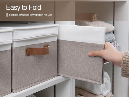 StorageWorks Storage Bins with Lids, Decorative Storage Boxes with Lid and PU Handles, Foldable Storage Baskets for Closet, Shelves, Stackable, Brown and White, Jumbo, 3-Pack