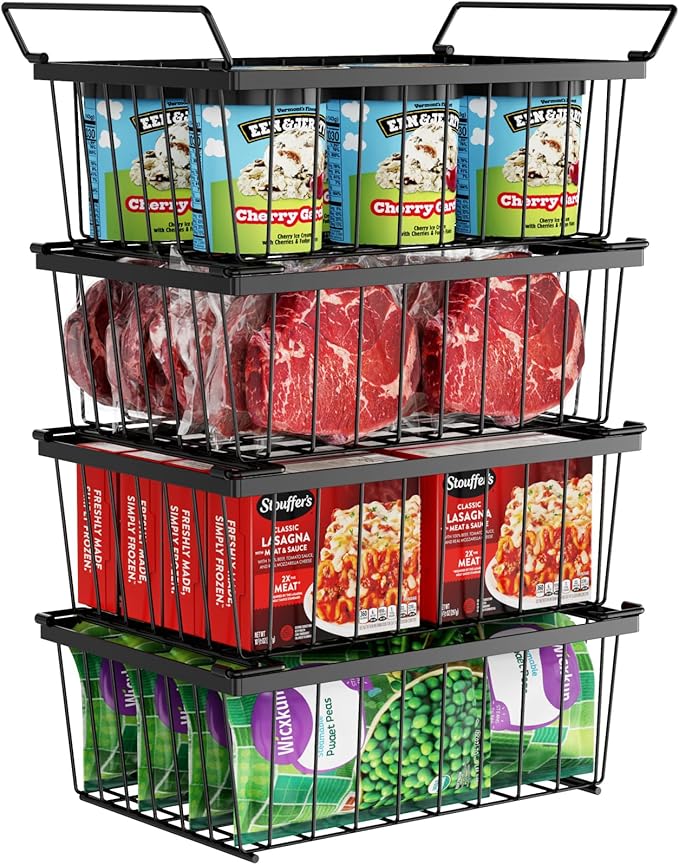 iSPECLE Freezer Organizer Bins - 4 Pack Stackable Deep Freezer Organizer Bins for 5 Cu.Ft Chest Freezer Easy Get Food from Bottom without Digging, Add Space Sort Store More Frozen Food, Black