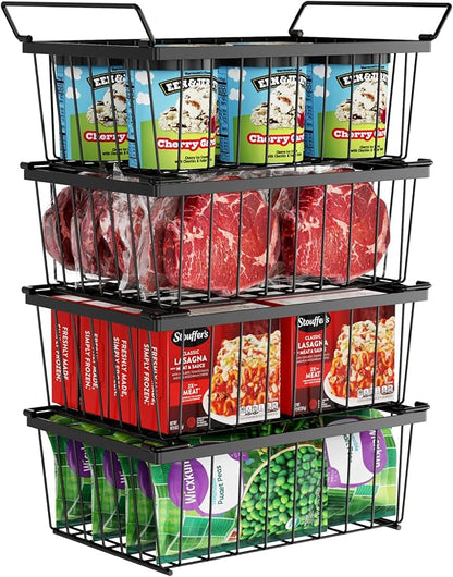 iSPECLE Freezer Organizer Bins - 4 Pack Stackable Deep Freezer Organizer Bins for 5 Cu.Ft Chest Freezer Easy Get Food from Bottom without Digging, Add Space Sort Store More Frozen Food, Black