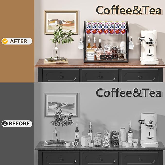 Metal K Cup Holder, 2 Tier Coffee Bar Organizer with 4 Coffee Mug Hooks, Multi-functional Countertop Coffee Station Tray Wooden K Cup Organizer - Black