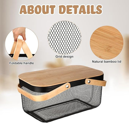 4 Pcs Mesh Steel Basket with Handles and Lids Wire Mesh Basket Garden Baskets for Gathering Vegetables Fruit Harvest Storage Organizer for Kitchen Drying Food (16 Inch;13 Inch,Black)