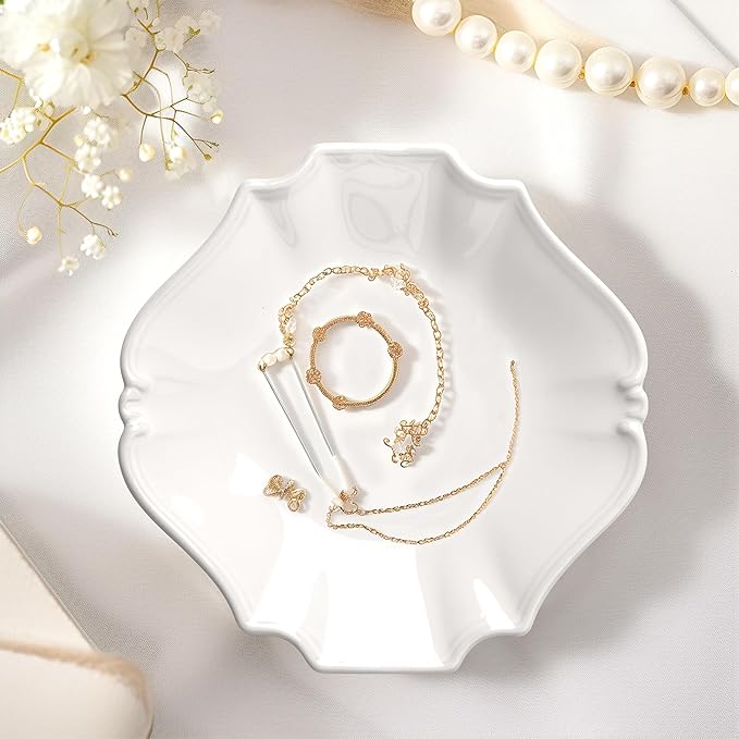 Ceramic Jewelry Dish, Decorative Tray for Rings Earrings Necklaces Bracelet Watch Keys, 4.50" Trinket Tray as Gifts for Women (White Court)