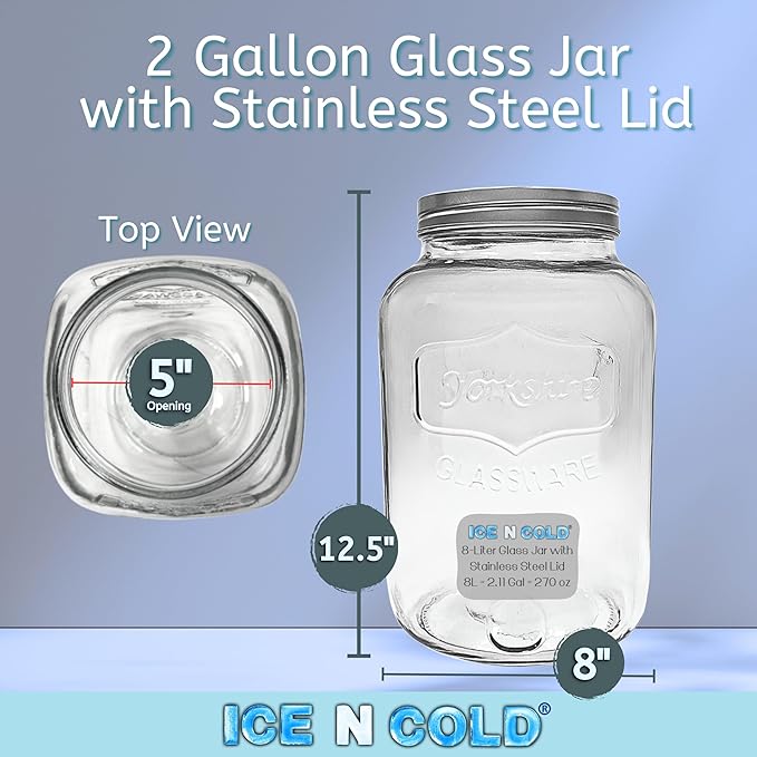 2 Gallon Glass Jar / 8-Liter Capacity / 270 Ounce Capacity – Clear Wide Mouth Container for Storage, Kitchen, Pantry, and Laundry.