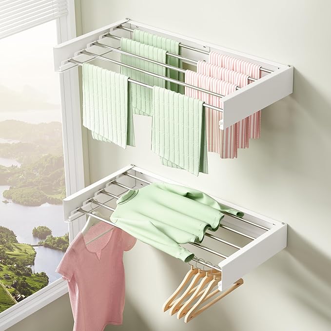 Clothes Drying Rack Wall Mounted 32“,Drying Rack Clothing Wall Mount,Laundry Drying Rack,Wall Mounted Clothes Hanging Rack (White)