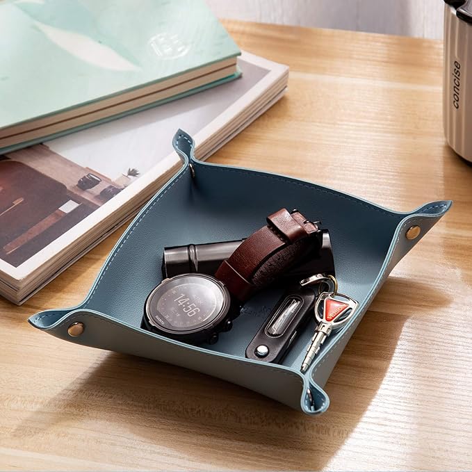 SANQIANWAN Leather Jewelry Valet Tray for Women and Man, Portable Entryway Table Tray Bedside Nightstand Desk Tray Small Catchall Travel Dish Plate for Key,Wallet,Watch,Coin (Light Blue-B)